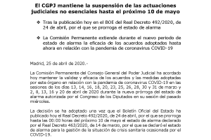 SUSPENSION DE ACTUACIONES JUDICIALES HASTA EL PRÓXIMO 10 DE MAYO