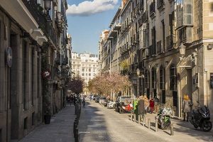 People walking during winter in a street with blooming trees near Plaza Santa Ana (St. Anne square) in Letras district at central Madrid city, Spain.